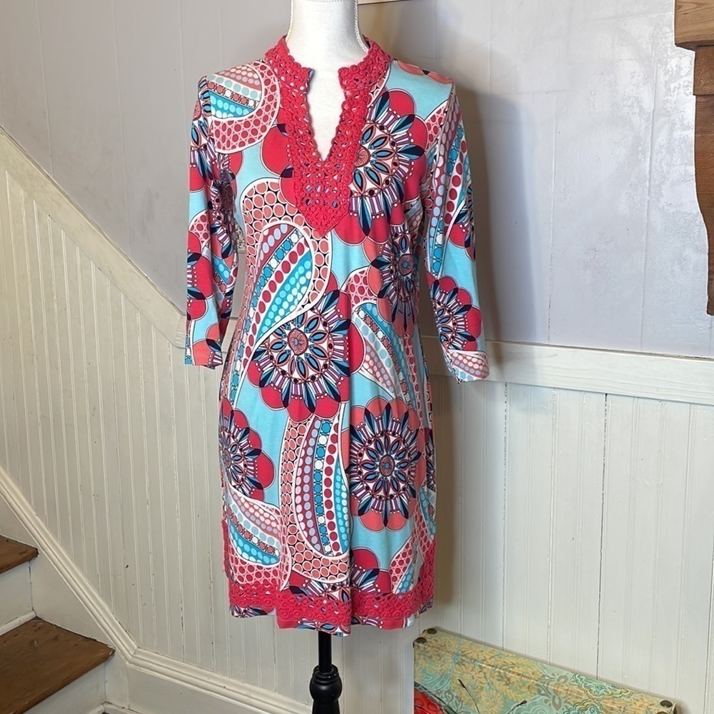 CROWN & IVY CURVY RETRO CROCHET KNIT SHIFT LONG 3/4 SLEEVE DRESS SIZE XS